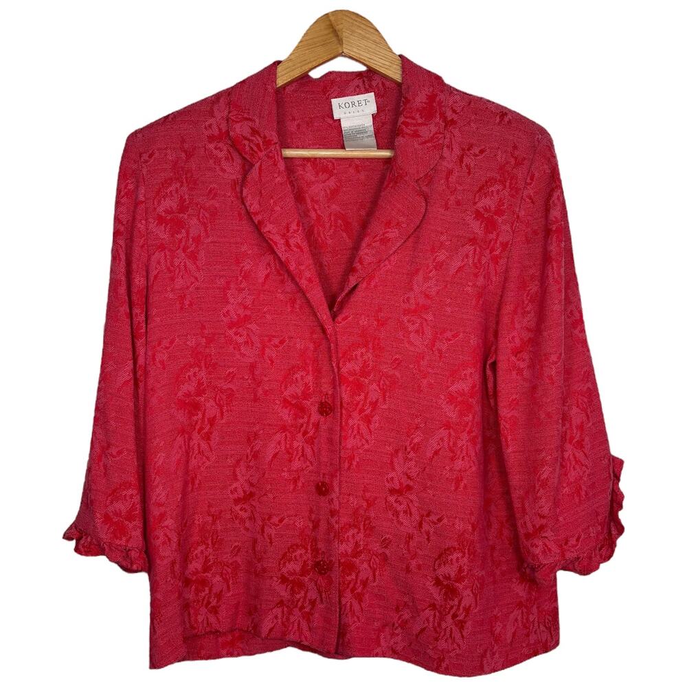Koret 12 Red Vintage Lace Blazer 90s Hip Length 3/4 Sleeve Floral Textured